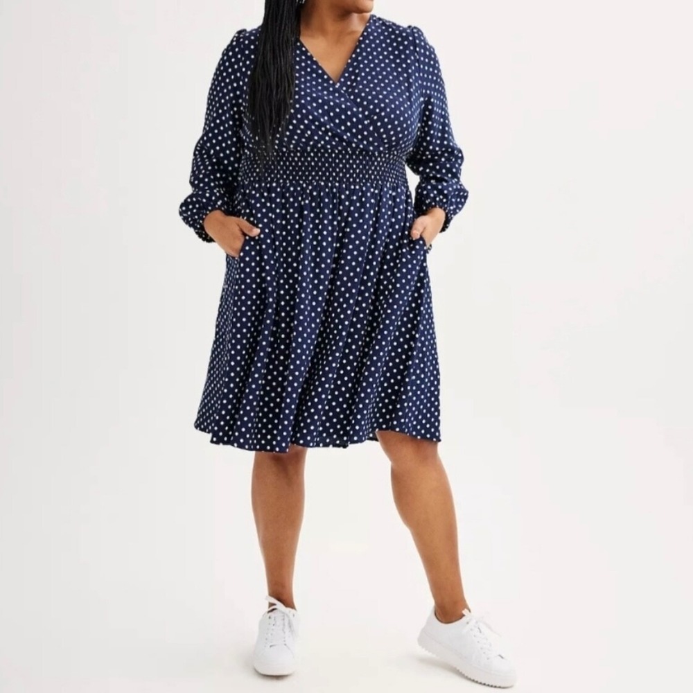 Draper James Women's 1X Navy Polka Dots Long Sleeves Cinched Waist Dress NWT